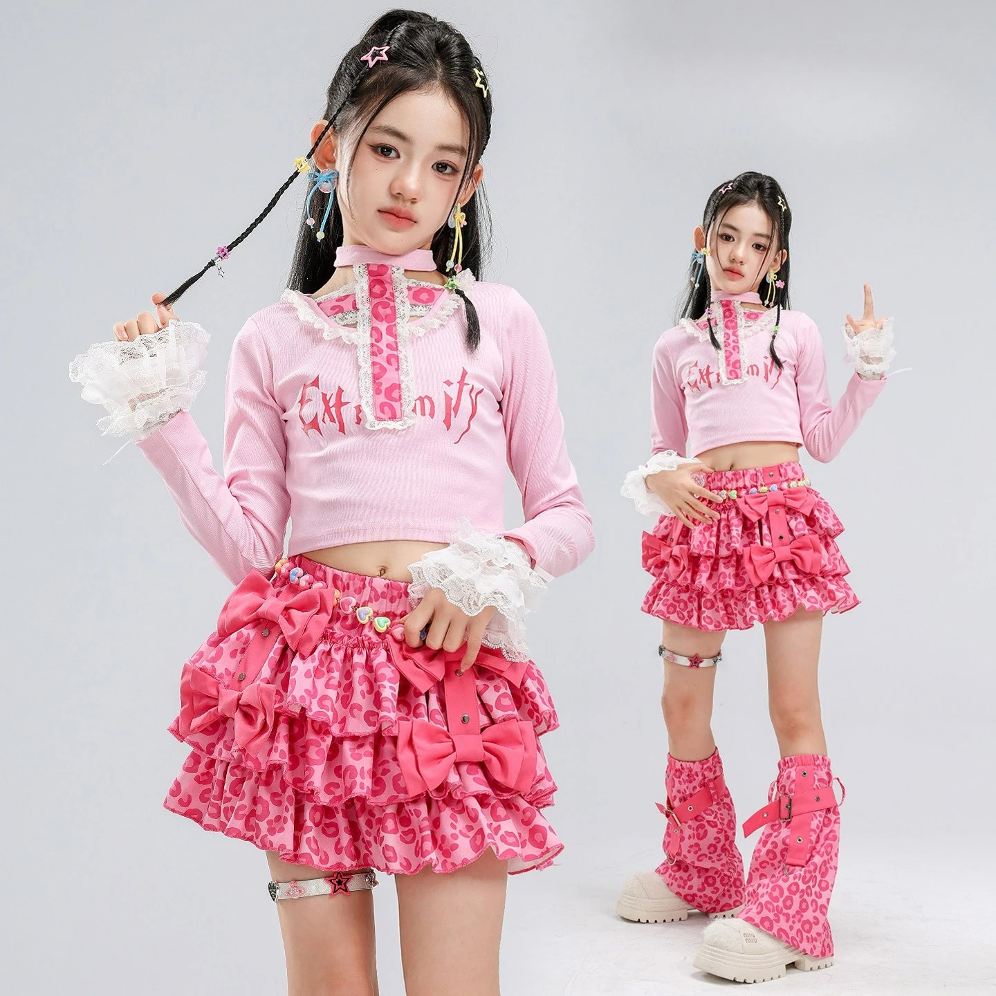 Girls Pink Leopard Print Halter Neck Crop Top Leopard Tiered Cake Skirt Outfit Kids K-pop Jazz Hip Hop Dance Costume Streetwear