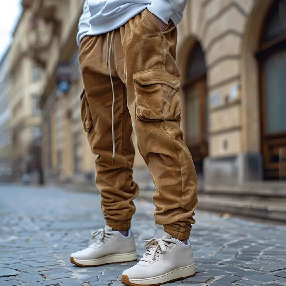 الرجال السراويل البضائع الكاحل النطاقات الرباط مرونة الخصر فضفاض Sweatpants مع جيوب ريترو ستايل يندبروف الكاحل طول بنطلون