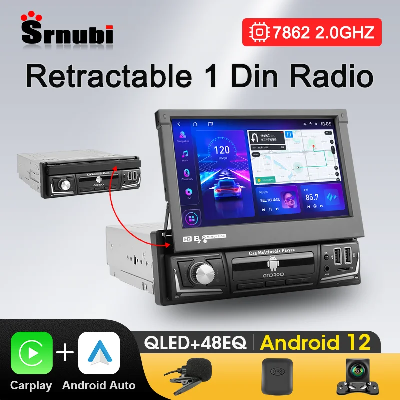 

Universal 7'' 1 Din Car Radio Android 12 Multimedia Player Retractable Screen WiFi Carplay Auto Stereo Video GPS Navigation DVD