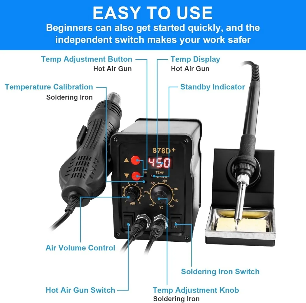 2-in-1 Soldering Iron Hot Air Station Kit, Digital Display Temperature Control, 700W Power for Circuit Board Repair
