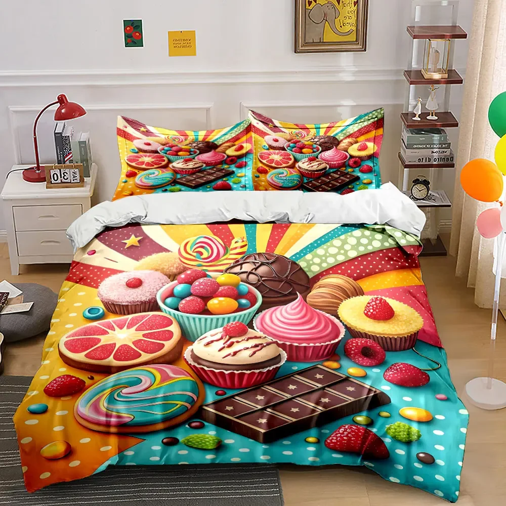 Colorful Dessert Party Decor Set Soft Comfortable Duvet Cover Bedding Set Included 1*Duvet Cover & 2*Pillowcases, gift