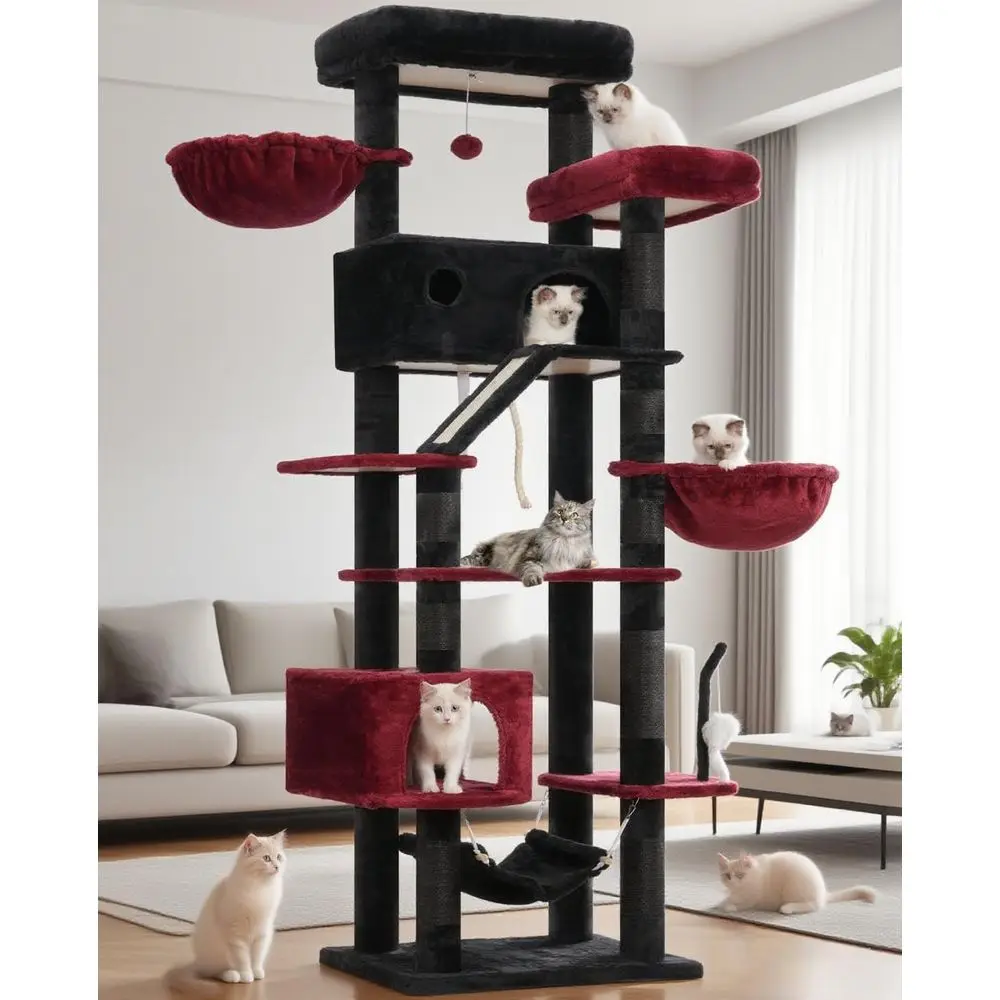 

Высокая кошачья лежанка-башня (78,7 дюймов) для нескольких кошек с большой площадкой, домиком, гамаком и когтеточкой, черно-красная
