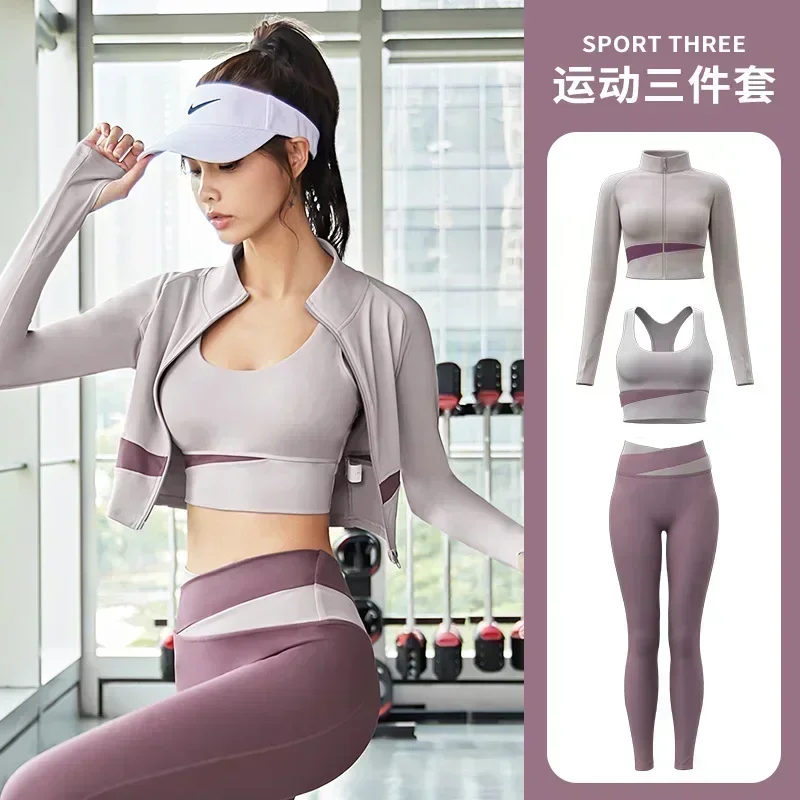 Women Yoga Patchwork 3 Piece Set Fitness Gym Coats+Bra+Leggings Workout Running Sportswear Clothing Tracksuit Ensemble Femme image 3