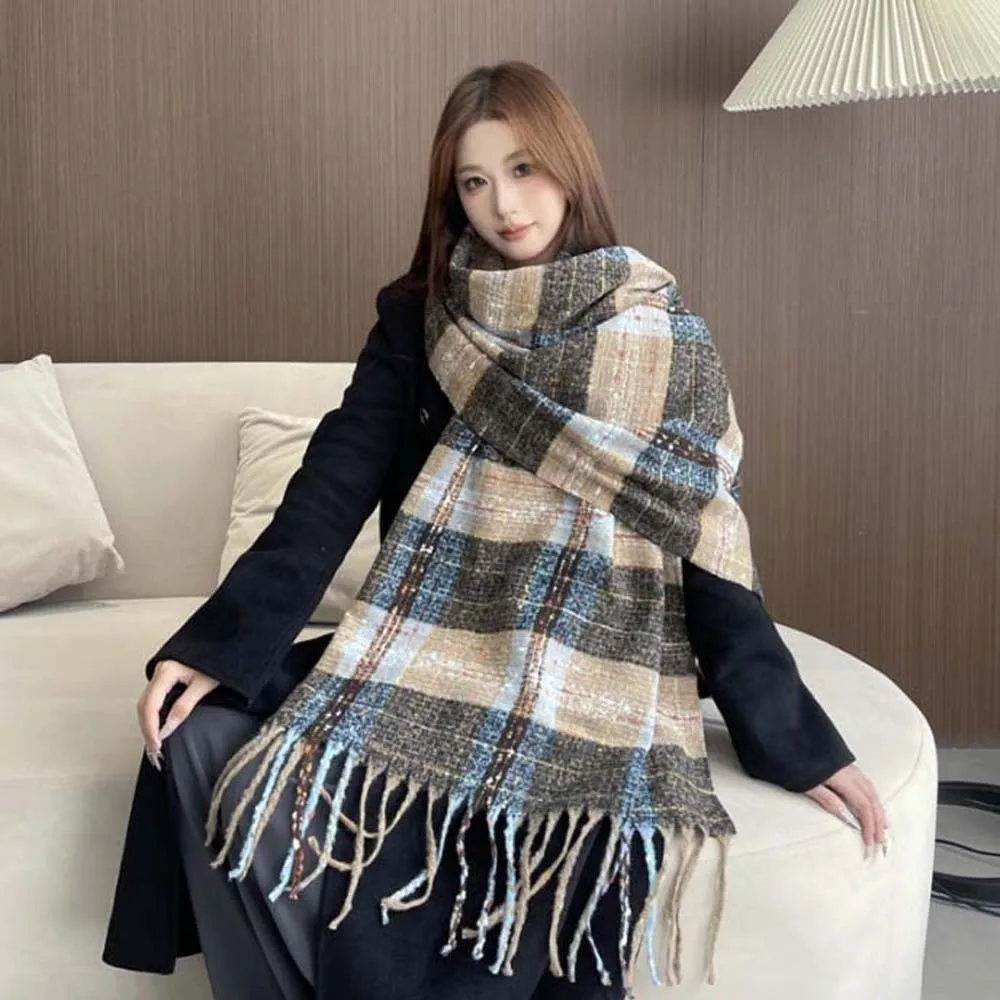 

Мягкий мягкий клетчатый вязаный шарф, классический морозостойкий длинный шейный шарф с кисточками, однотонный женский утолщенный шарф в корейском стиле для мужчин