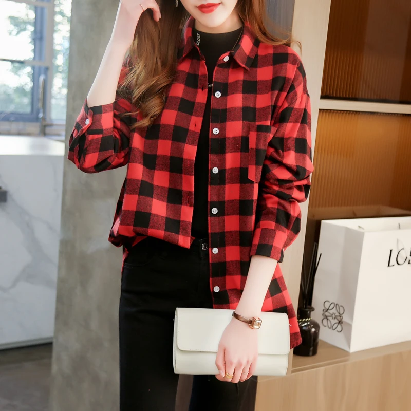 Brand Casual Women\'s Plaid Shirt 2024 Autumn New Boutique Ladies Loose Long Sleeve Blouses and Tops Female Checked Clothing