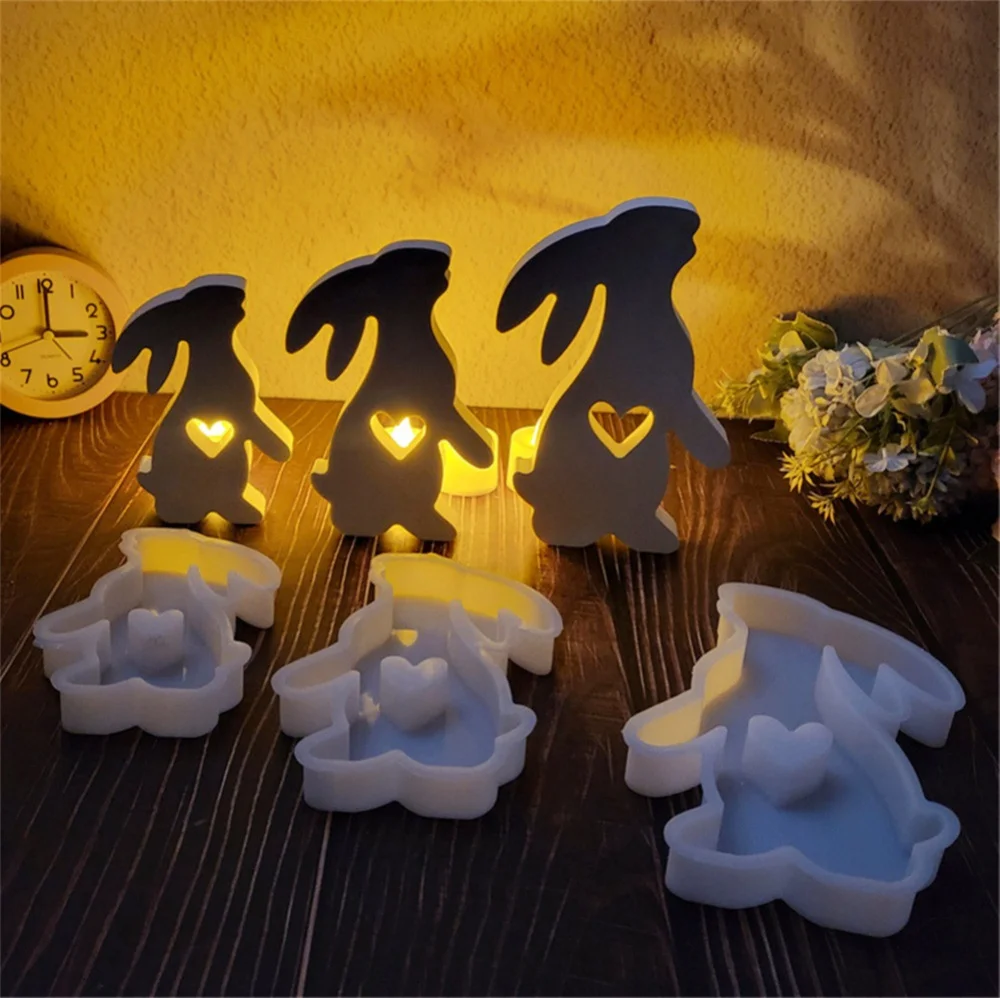 Easter Hollow Heart Rabbit Silicone Mold Egg Bunny Splicing Casting Molds Easter Rabbit Desktop Ornament Decor Concrete Molds ﻿