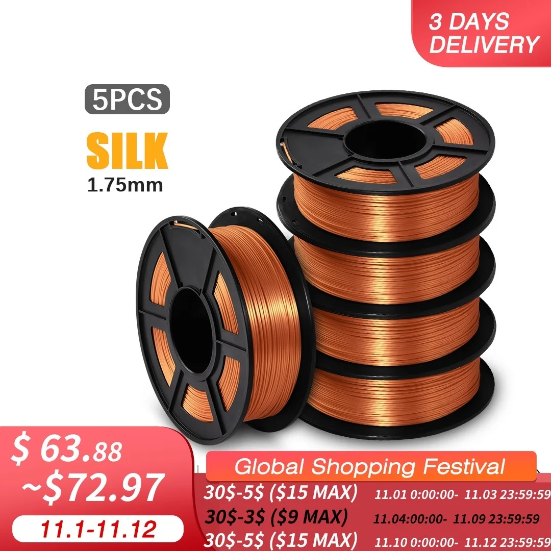 Go! SILK PLA Filament 1.75MM 1KG 5 Rolls/Set Close To SILK Effect No Bubble Non-Toxic Eco-Friendly Odorless Good Toughness