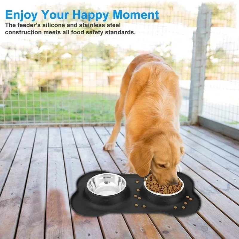 Antislip Double Dog Bowl with Silicone Mat Durable Stainless Steel Water Food Feeder Water Bottle  Dog Water Bottle Pet Supplies