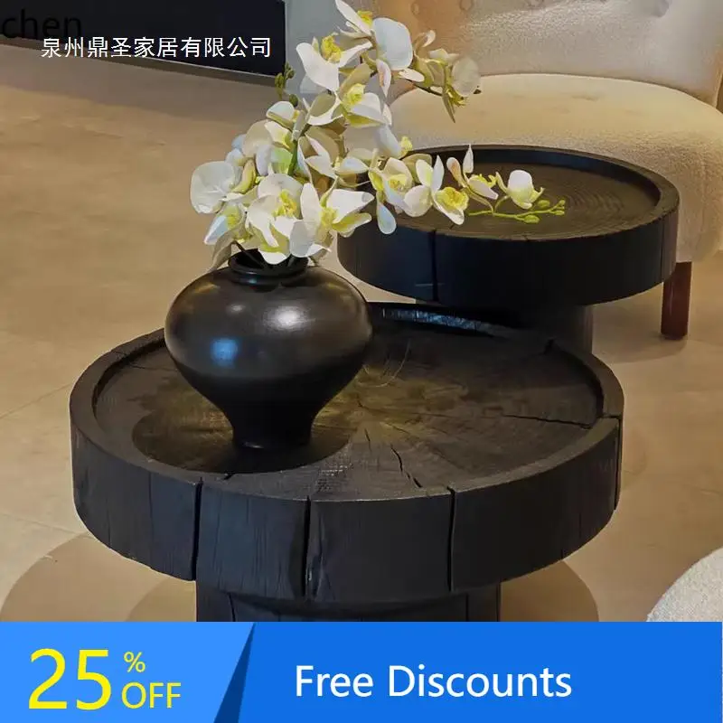 BF  Black Carbonized Wood Stump Coffee Table Natural Wood Stump Solid Wood Round Coffee Table