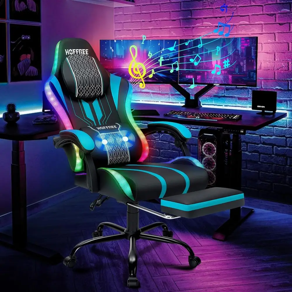 Gaming Chair with LED Lights Speakers Massage Big Tall Computer Chair-Blue | RGB Game Chair with Bluetooth;Widened Seatting;High