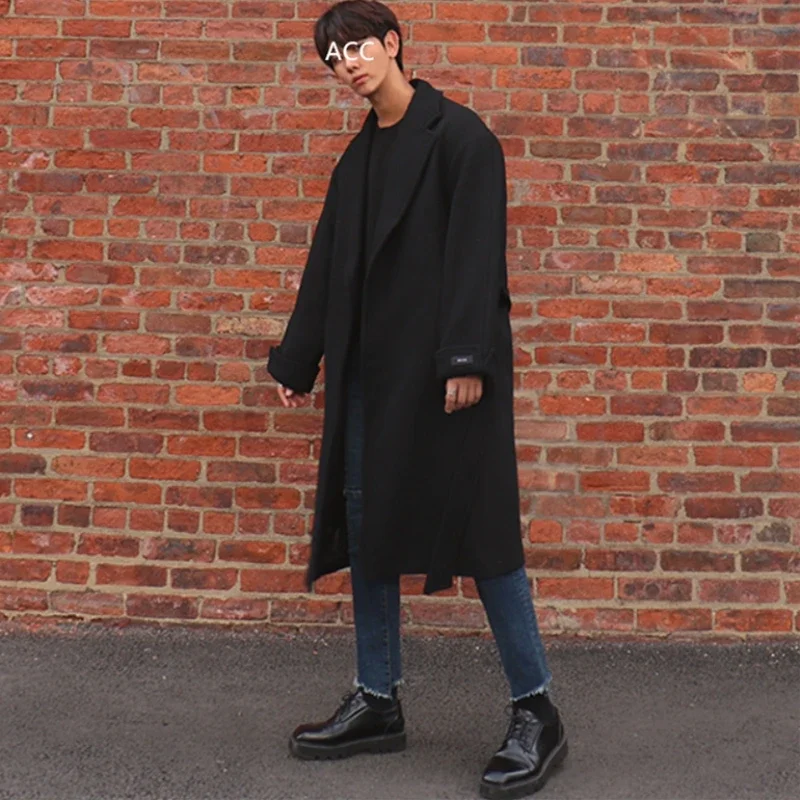 YASUGUOJI Korean Fashion Single Breasted Long Coat Men Thicken Warm Wool Coat Mens Winter Trench Coat with Belt Manteau Homme