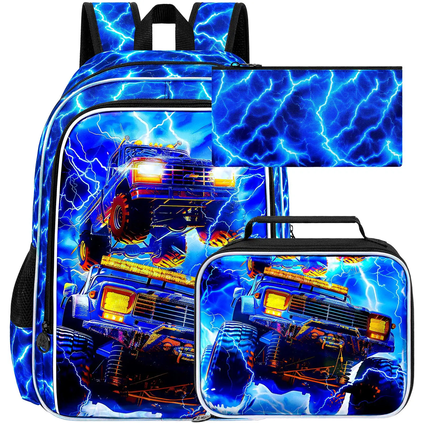 

3Pcs Cars Backpack, 17" Boys Bookbag with Lunch Box, Kids School Backpacks Set for Elementary Preschool Kindergarten