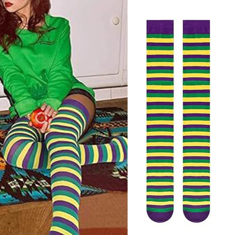 Mardi Gras Thigh High Socks for Women Carnival Striped Print Elastic Long Over Knee Stockings for Cosplay Party Costume