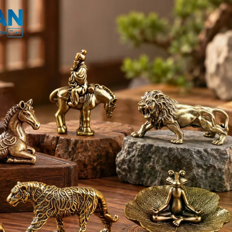 Vintage Solid Brass Mini Figurine, Lion Tiger Horse Qilin Meditating Frog Statue, Desktop Home Office Decor Collectible Ornamen
