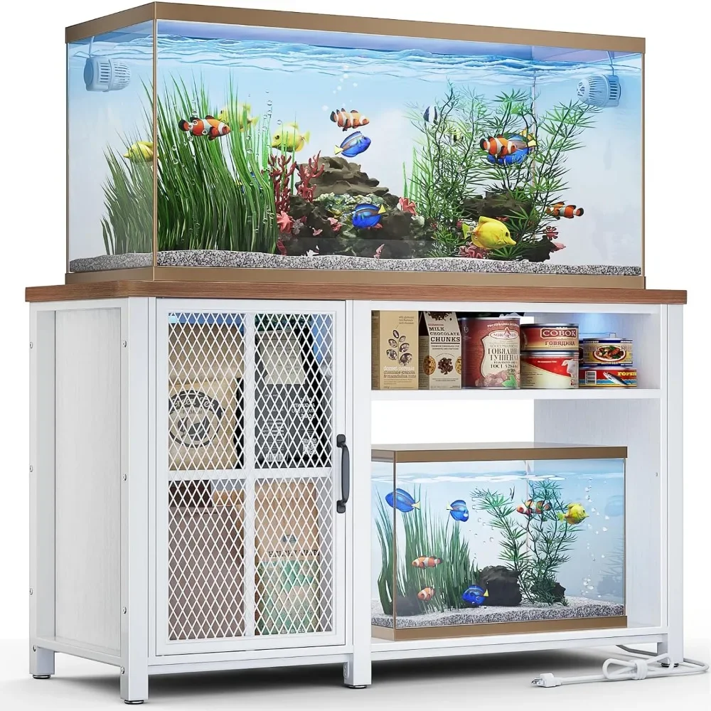 

55-75 Gallon Aquarium Stand with LED Light & Power Outlets, Fish Tank Stand Metal Frame Aquarium Table with Cabinet Storage