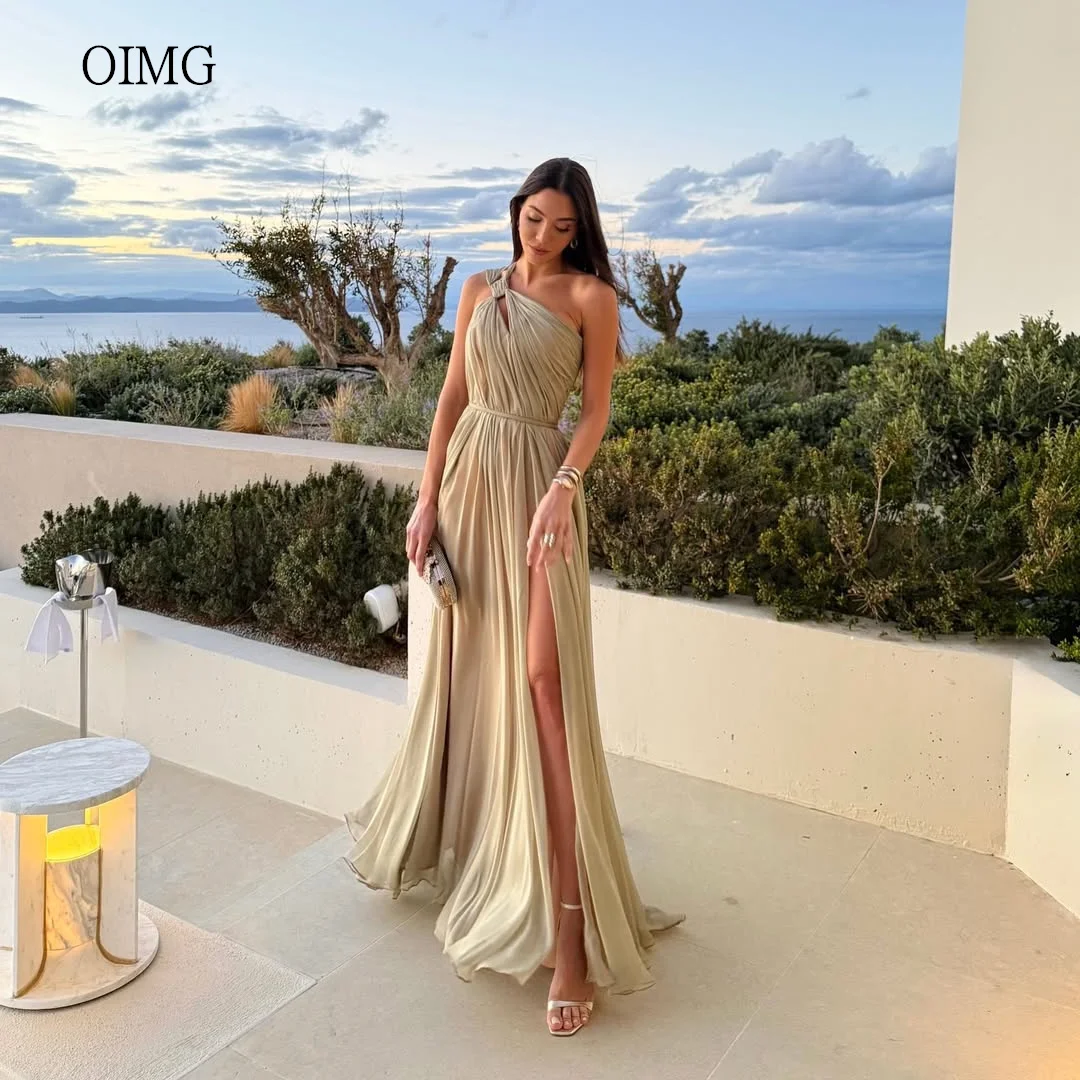 

OIMG Airy khaki One Shoulder A Line Prom Gowns Backless Pleated Party Gown Side Slit Floor Length Evening Dress Customized
