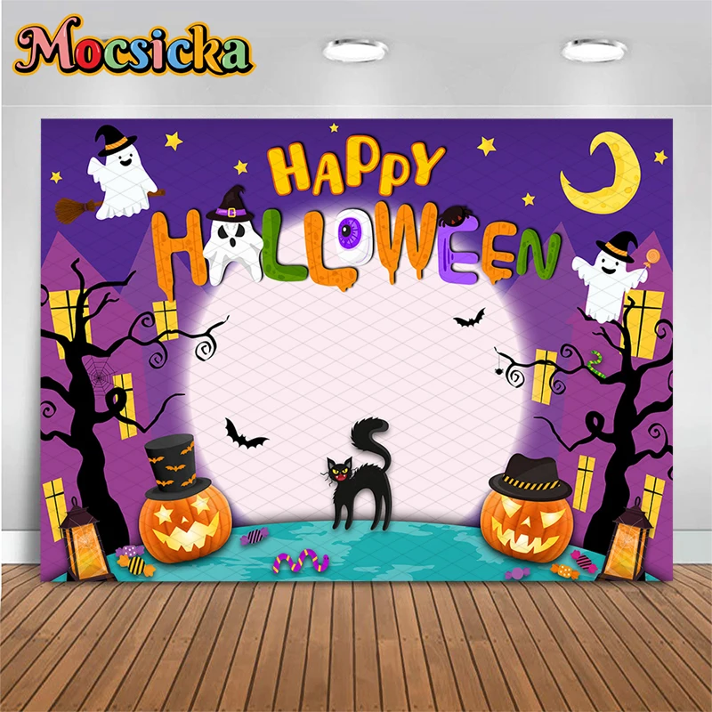 

Mocsicka Happy Halloween Backgrounds Photography House Jack-O-Lantern Party Backdrops Bat Cat Ghost Terror Pumpkin Decors Banner