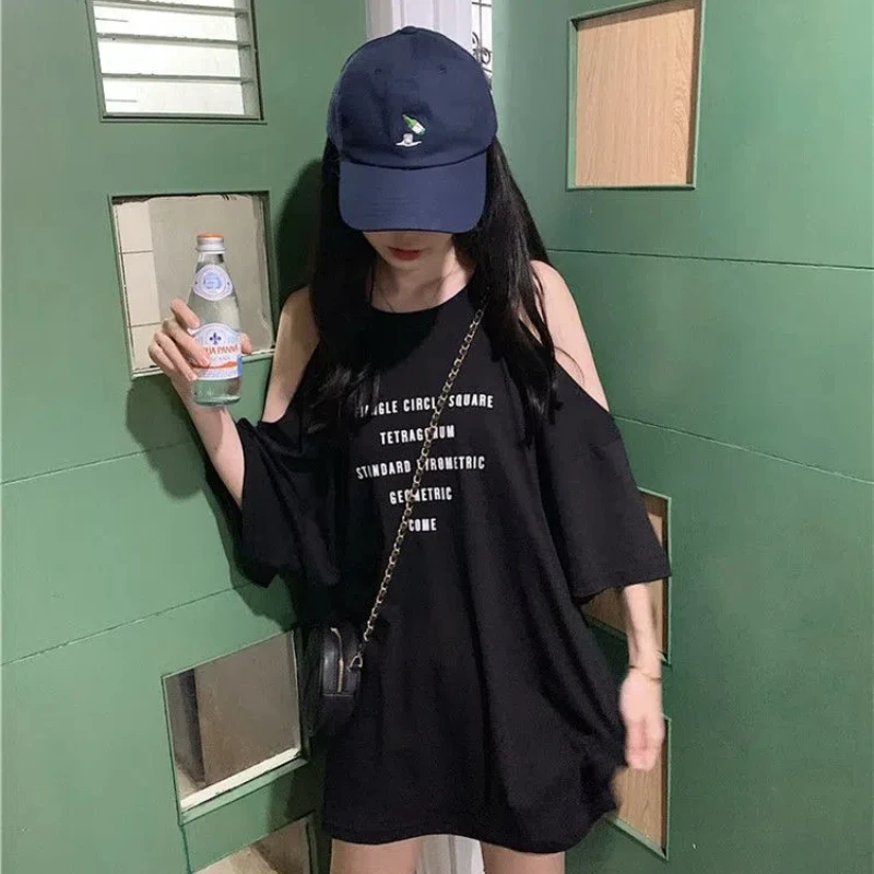 Harajuku Loose Off Shoulder T Shirts Summer New Short Sleeve Letter Printing Hollow Out Casual Tops Fashion Y2K Women Clothing