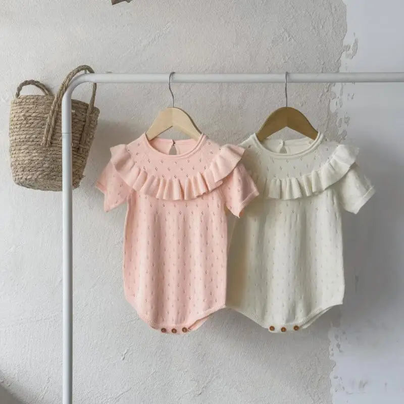 

2026 Summer New Baby Short Sleeve Knitted Bodysuit Cute Solid Infant Girl Sweet Ruffle Collar Jumpsuit Newborn Clothes 0-24M