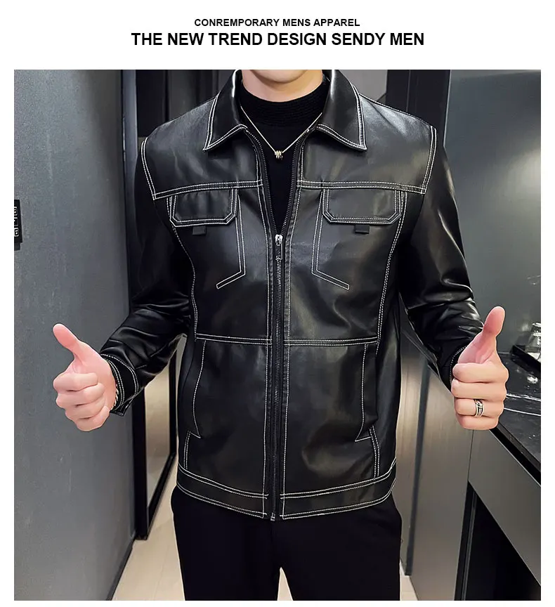 Men's Motorcycle Leather Jacket Stand Collar Solid Black PU Top Trend Windproof Streetwear Faux Leather Coat Spring Autumn Style