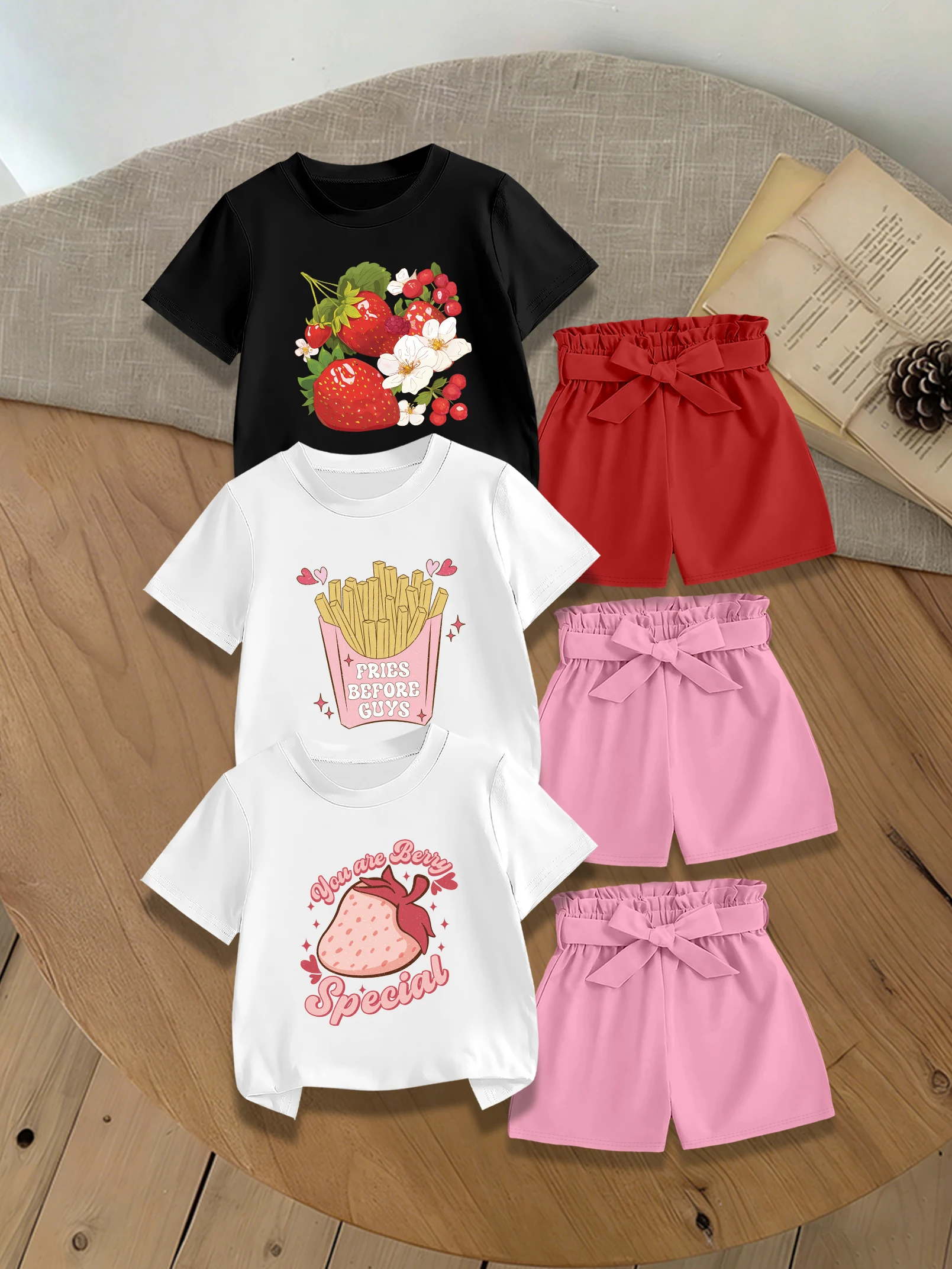 

6 pieces: Summer Girls T-shirt Shorts Set Cartoon Strawberry French Fries Print Sweet Woven Bow