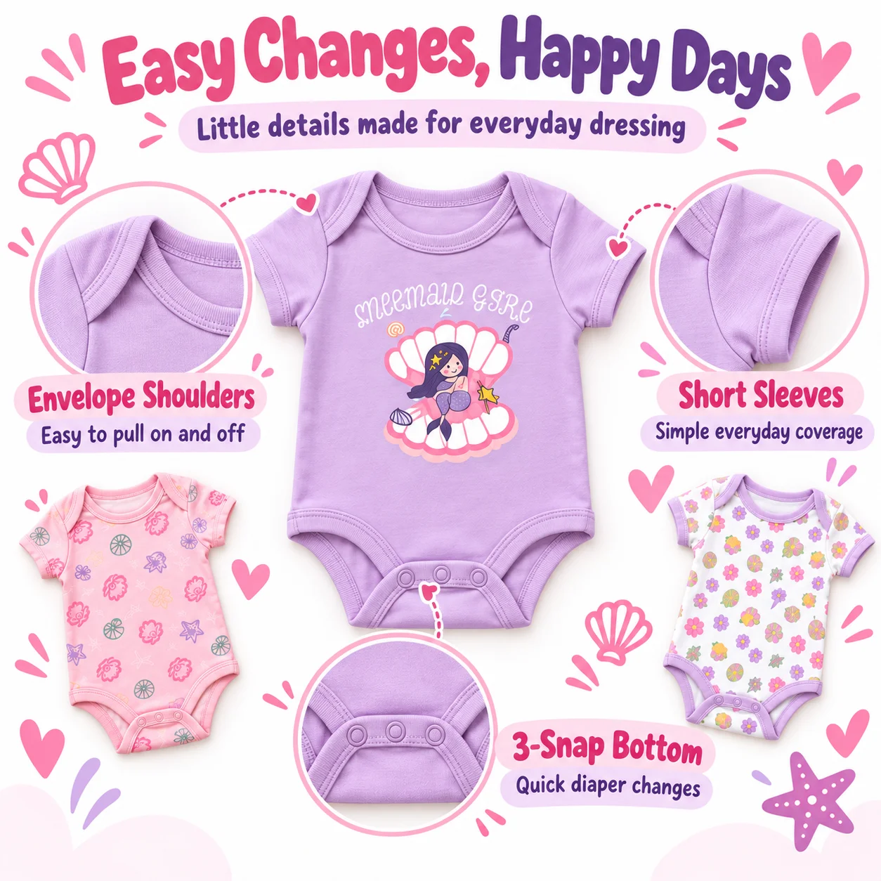 10Pcs Baby Girl Bodysuits Set Short Sleeve 100% Cotton Newborn Infant Rompers Mermaid Cat Floral Polka Dot Prints Snap Closure