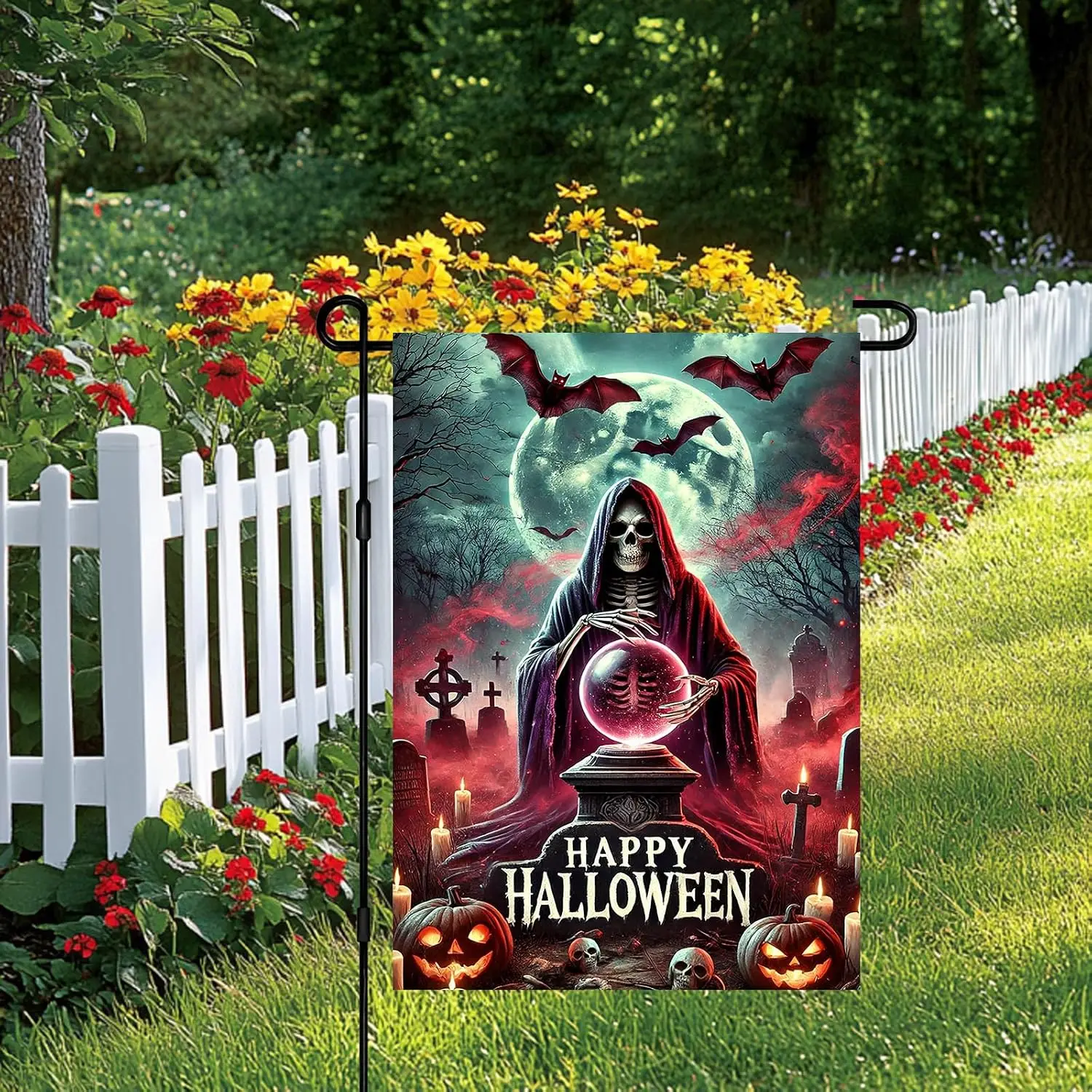 Happy Halloween Garden Flag Grim Reaper Flag 12x18 Inch Crystal Ball Spooky Graveyard Outdoor Yard Decor House Banner Porch  PPZ