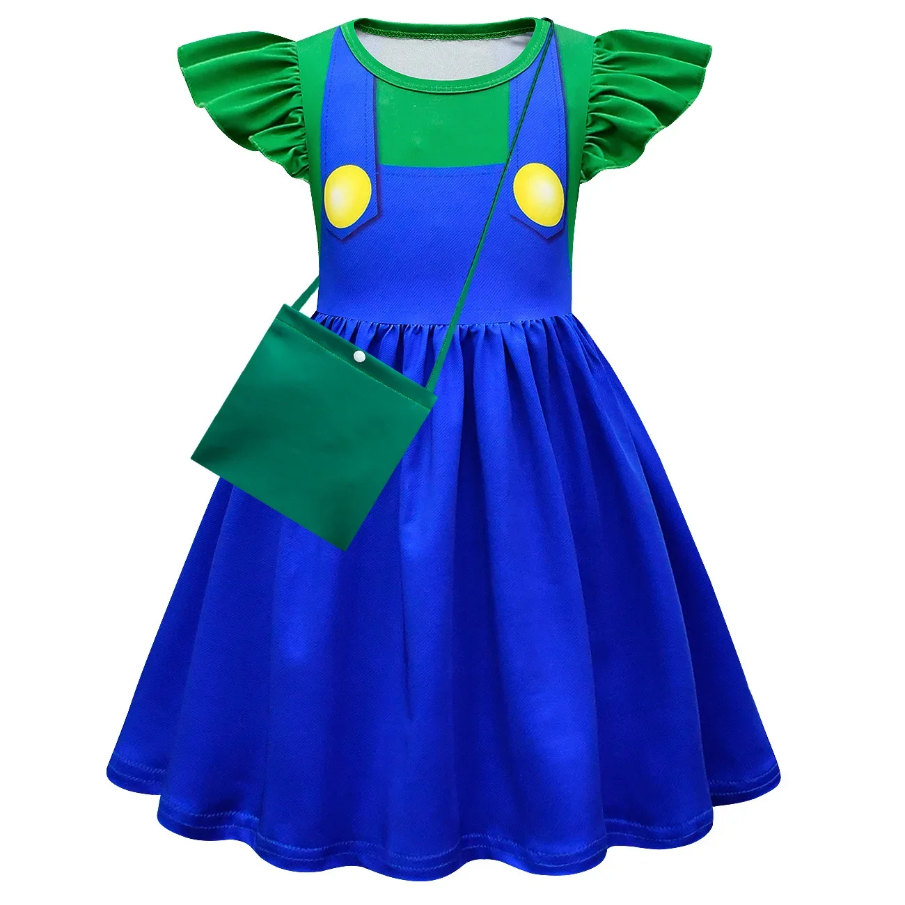 Kids Anime Cartoon Print Blue Red Green Plumber Ruffle Dress Bag Set Outfit for Girls Christmas Halloween Cosplay Costume