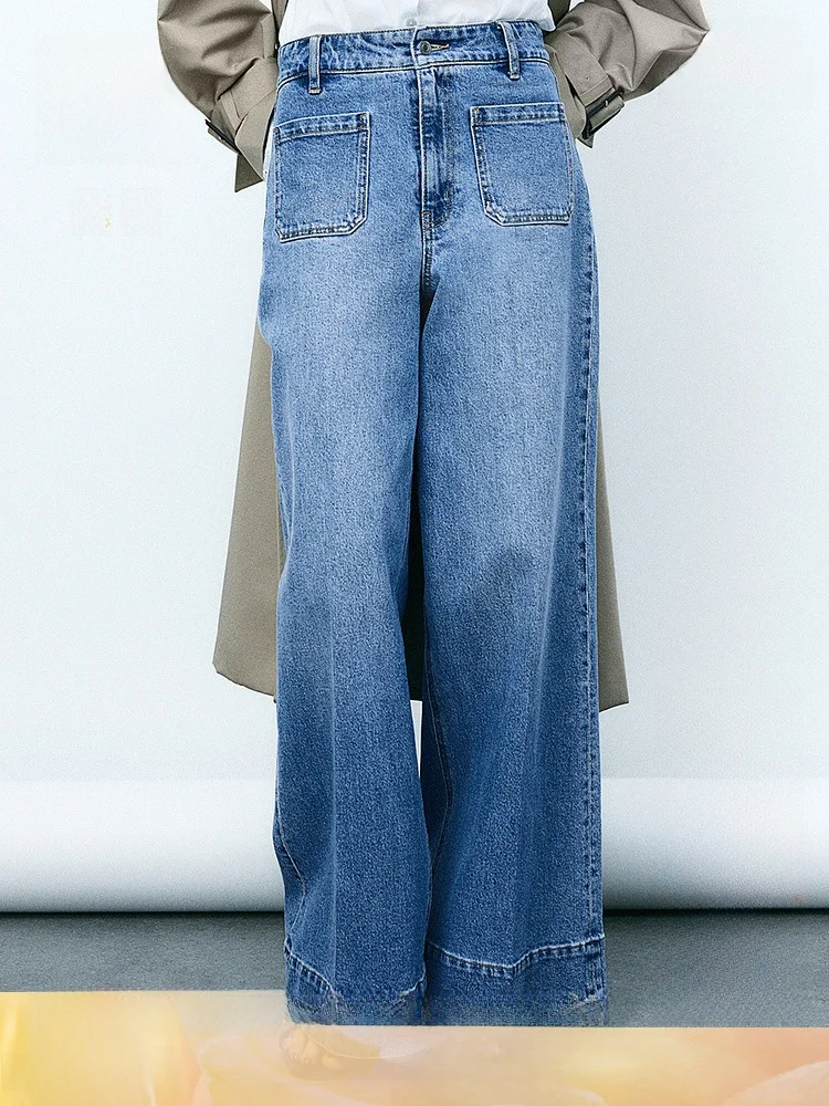 

H&M Women's Wide Leg Jeans High Waist Straight Loose Fashionable Denim Long Trousers Casual Style Cotton Polyester Blend