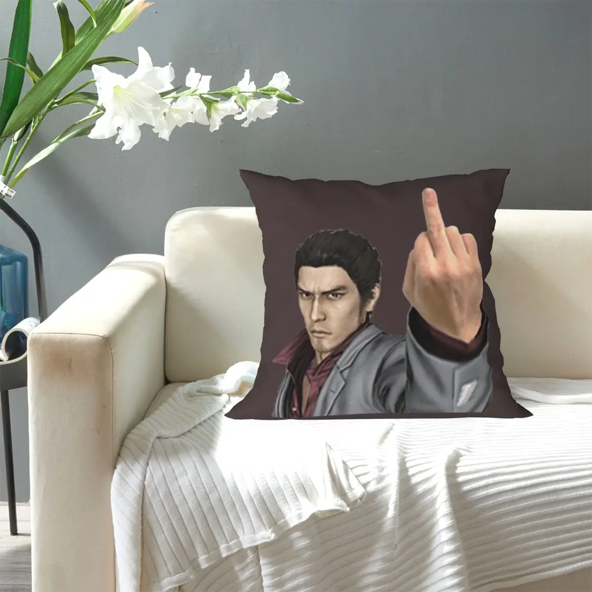 Kazuma Kiryu Middle Finger Square Pillowcase Pillow Cover Cushion Zip Decorative Comfort Throw Pillow for Home Bedroom