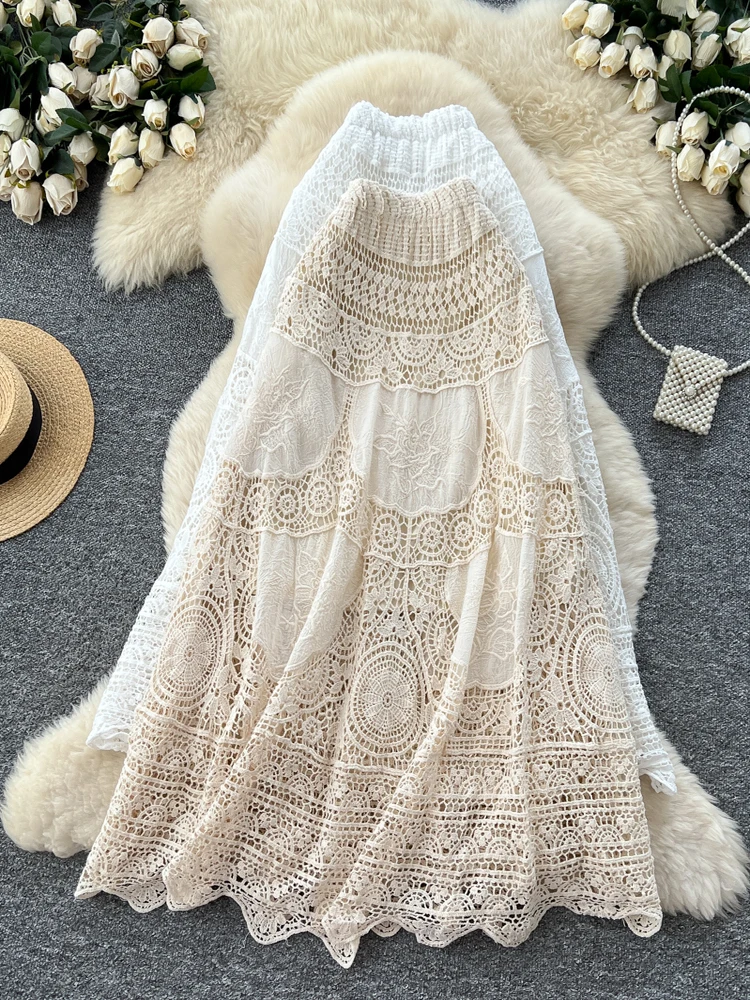 الكورية Sle الحلو الثقيلة التطريز تفريغ الدانتيل ألف خط ميدي تنورة المرأة عالية الخصر التخسيس Ci تخفيف ألياف البوليستر #1