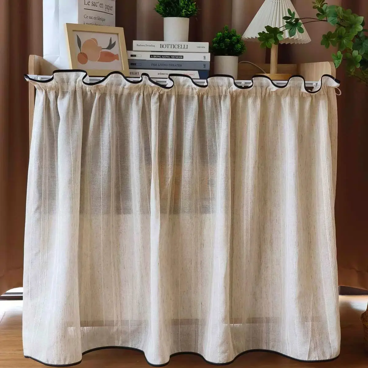 Japanese Beige Stripe Sheer Curtains with Black Edging Short Half Voile Curtain for Kitchen Privacy Partition Home Decoration