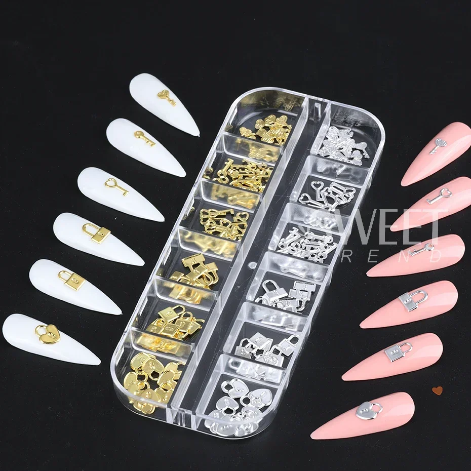12 grades ouro prata metal bloqueio chave peças de decoração de unhas amor coração encantos jóias diy acessórios de manicure dos namorados flocos