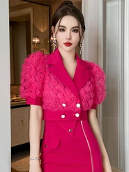 2023 Elegant Fashion Short Shirt Women 3D Rose Mesh Bubble Sleeve Tops Blouse Femme Party Prom WorKwear Outwear Sweet Clothes