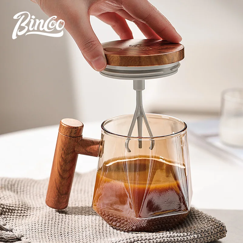 

400ML Self Stirring Coffee Mug Electric One-Click Operation Mixing Glass Mug With Wooden Handle for Coffee Milk Protein Powder