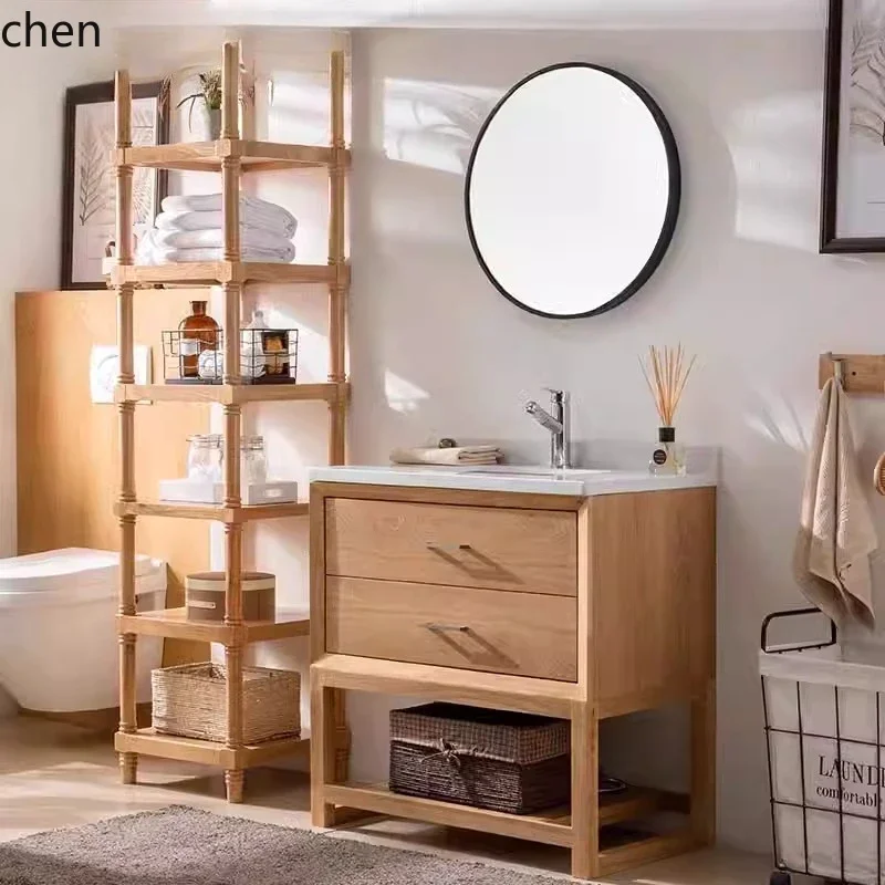 L13 Modern Simple Bathroom Washstand Floor Oak Bathroom Cabinet Combination Solid Wood Hand Wash Face Basin Cabinet