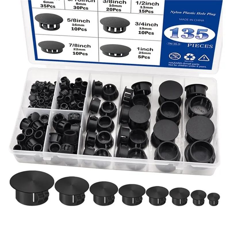 AFOURT-Furniture Cabinet Insert End Caps 135Pcs 8 Sizes Nylon Plastic Hole Plugs Round Drill Hole, Industrial Hardware& Plugs