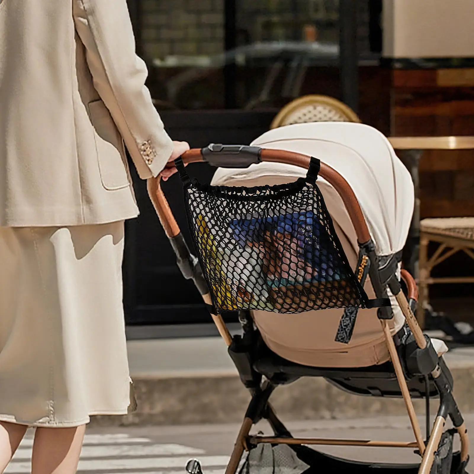 Stroller Organizer Mesh Bag For Baby Accessories Adjustable Pushchair Mesh Pocket Snack Container For Outdoor Walks Diaper