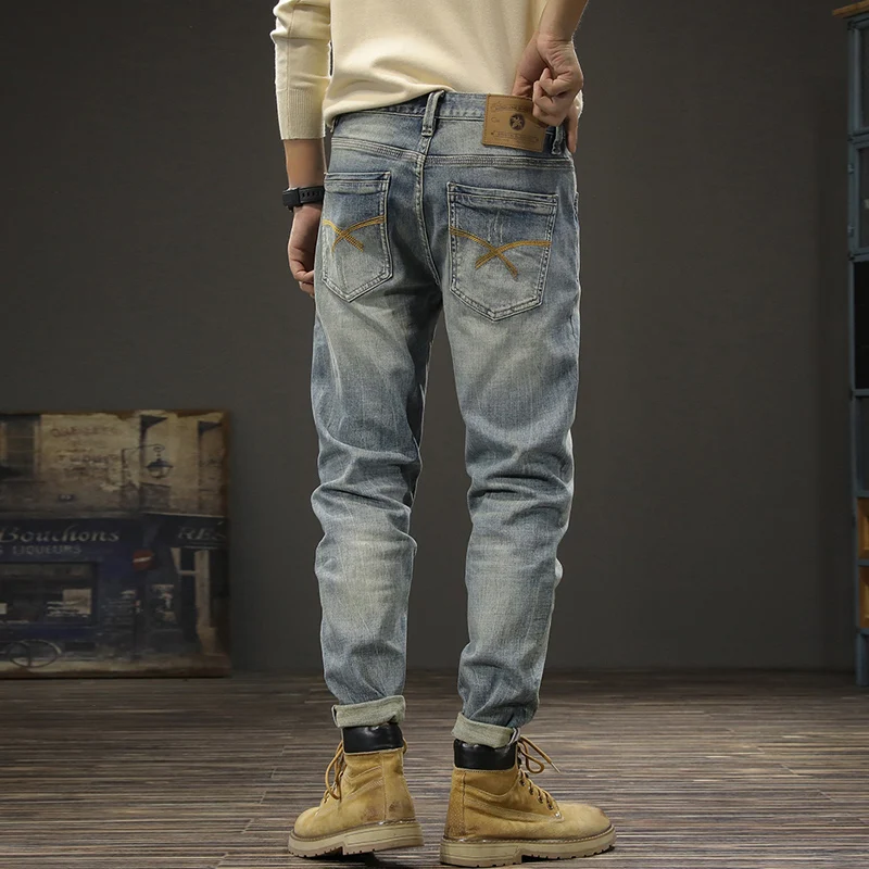 Newly Designer Fashion Men Jeans Retro Blue Elastic Slim Fit Ripped Jeans Men Trousers Italian Style Vintage Denim Pants Hombre