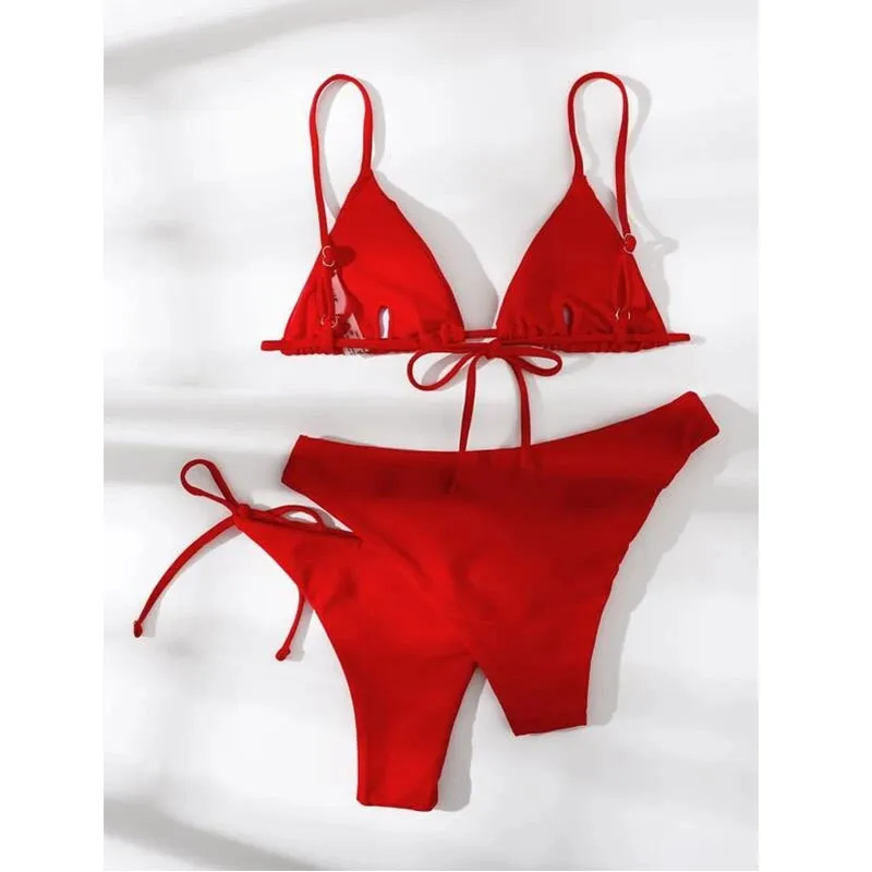 Woman Bikini Triangle Top Black Bikinis Tie Side Bottom Solid Color Swimwear Eco Friendly High Stretch Two Piece Emerald Green