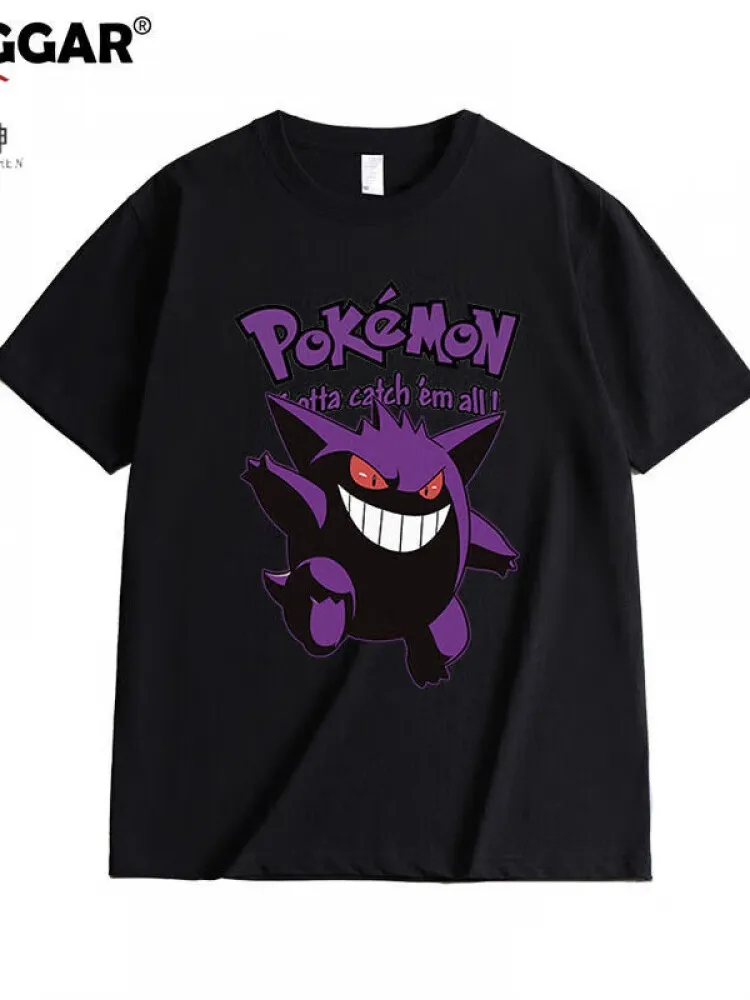 포켓몬 애니메이션 인쇄 대형 코튼 티셔츠 남성과 여성 통기성 패션 레저 Y2K 아동 의류 여름 티셔츠
