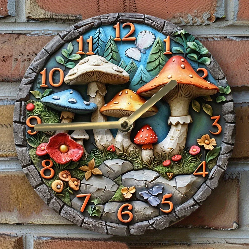 Mushrooms Forest Theme Silent Wall Clock - DIY Assembly Kit with High-Definition 2D Print, Includes Movement Clock Wall