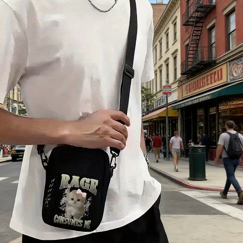 Rage Consumes Me Fun Cat Print Vintage Men's Crossbody Bag Fashion Bolso Cuadrado Americano Retro Square Bag for Men Daily Use