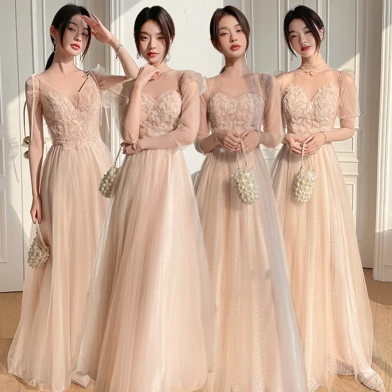 

Summer Champagne Bridesmaid Dresses Fairy Long Style Sisters Group Slim Evening Dresses Girl Birthday Prom Party Dresses