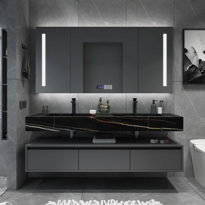 Badezimmerschrank-Kombination, integriertes Waschbecken, Badezimmer, intelligenter, moderner, schlichter Badezimmer-Waschtisch aus Eichenholz