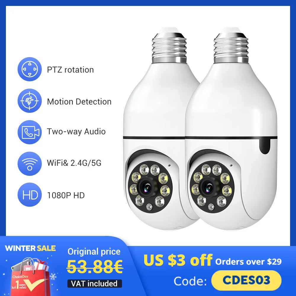 2Pc Ease Life APP-Light Bulb Security Cameras Outdoor Wireless WiFi Camera 5GHz, 360 Degree, E27 Light Socket Screw In Securi