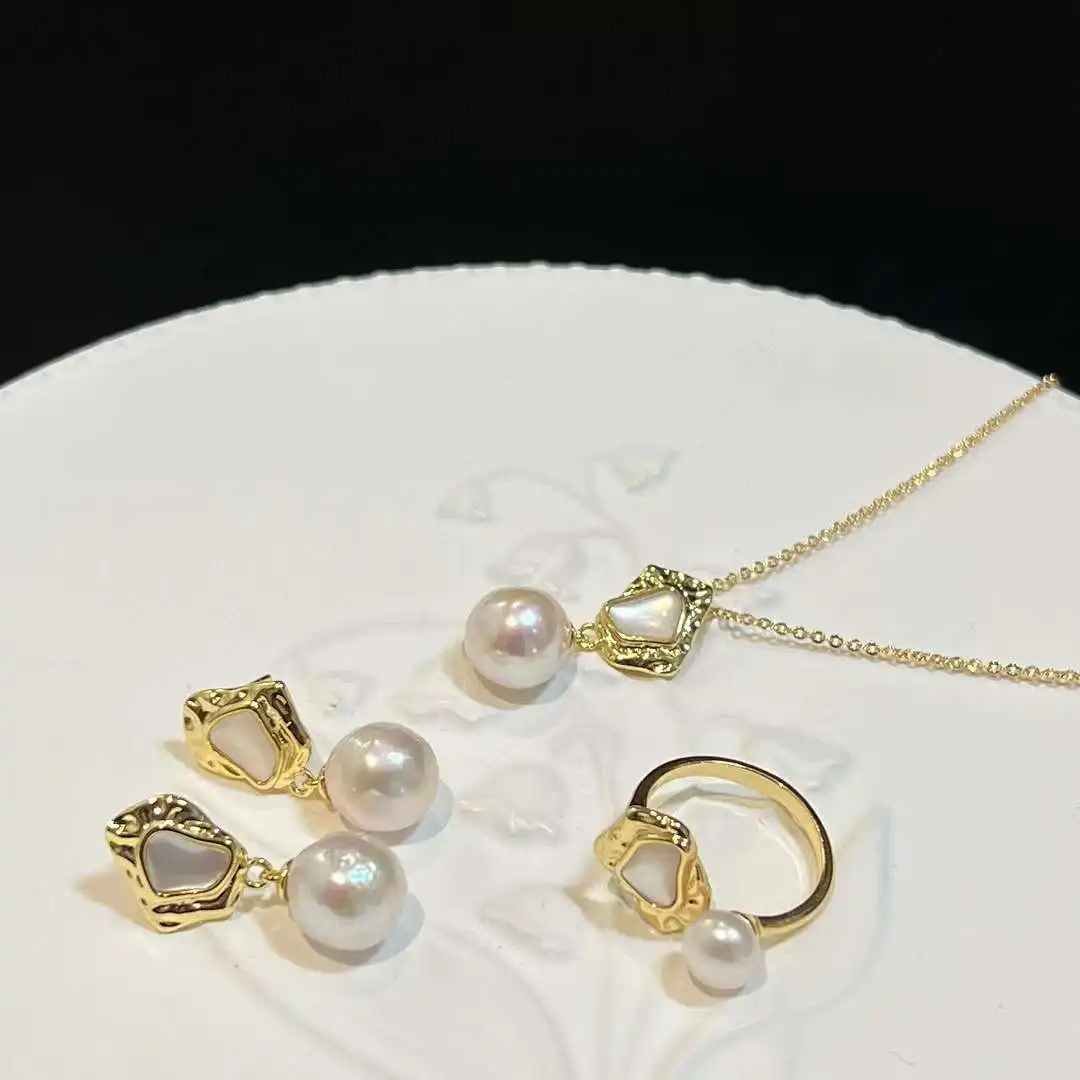 520 I Love You Shell Jewelry Set Baroque Freshwater Pearl Necklace Earrings 7-8mm Natural Freshwater Pearl Ring Jewelry Set