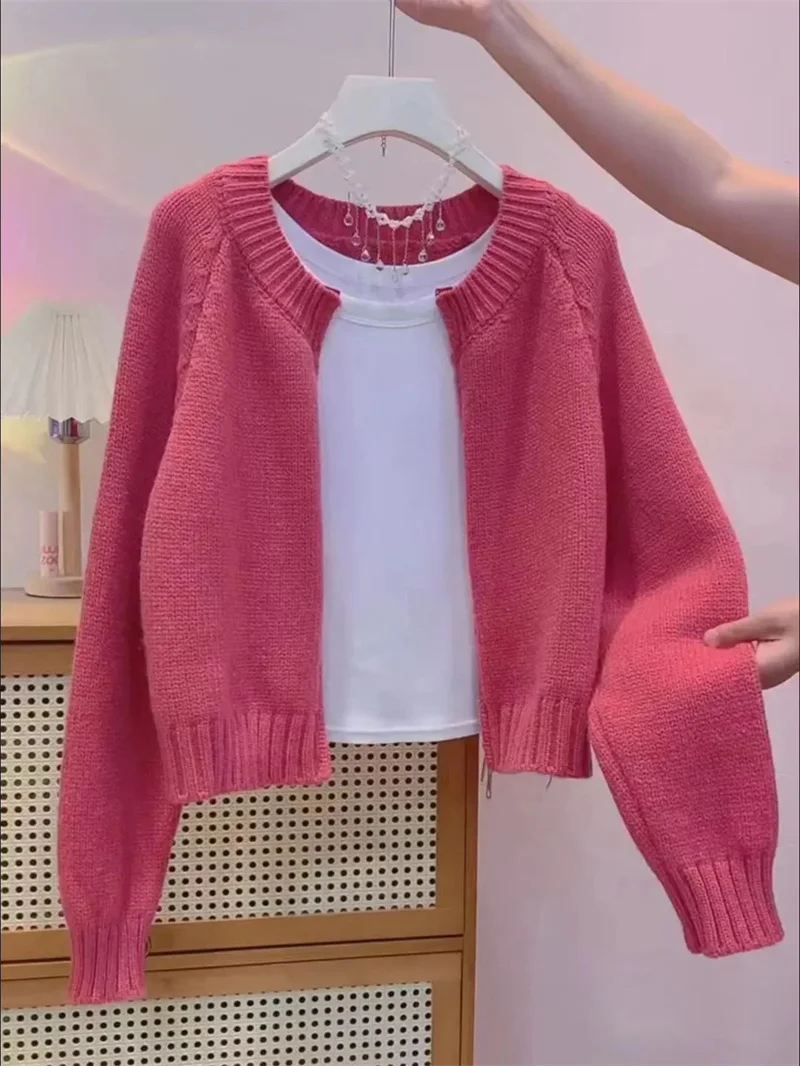 Cardigan à fermeture éclair pour femme, beau pull, manteau rouge framboise, nouveau look, 2024