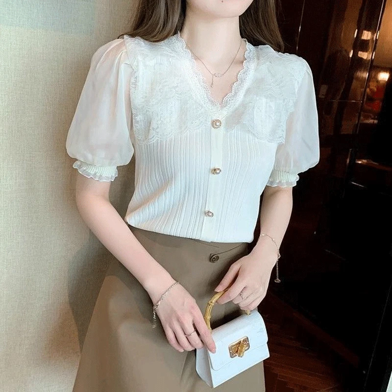 

2024 New Summer Office Lady Loose Casual Oversized Women's Shirt Lace Splicing Solid Button Puff Sleeve V Neck Folds Chic Tops