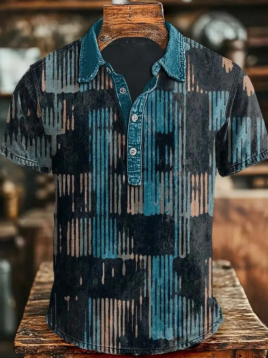 Neues Retro Vintage Batik-Streifenmuster Herren Kurzarm-Poloshirt mit Denim-Stil und lässigem Kragen – Detail 10